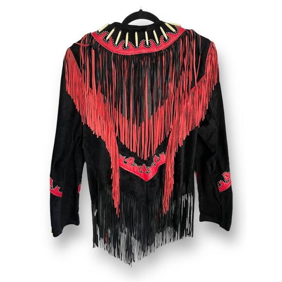 Vintage 90s Diamond Leathers Black Red Suede Fringe Western Jacket Bone Bead 12 - Picture 4 of 6